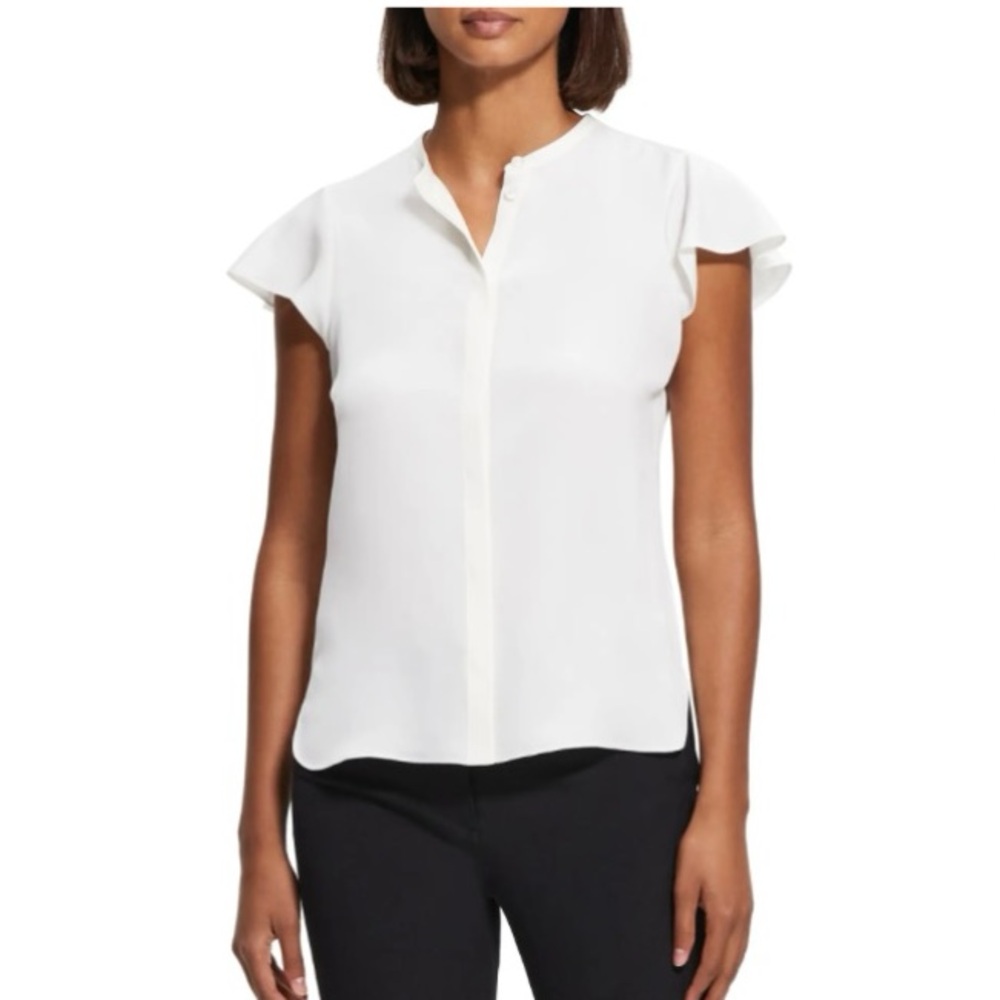 Theory Ruffle Sleeve Top in Silk Georgette